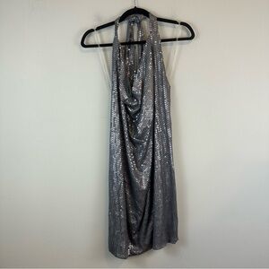 BCBG Maxazria | Silver Sequin Halter Neck Low Back Mini Dress Size Medium NWT